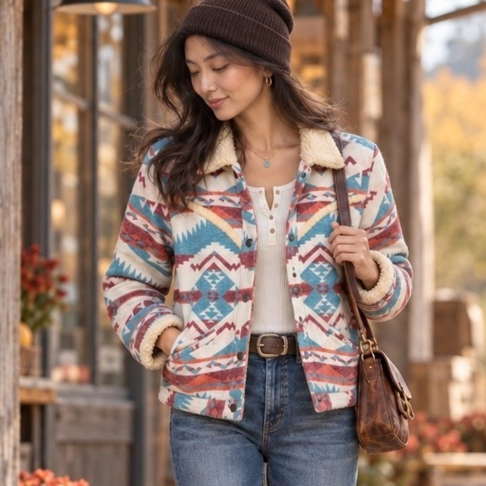 Wrangler Women Blue Red Southwestern Print Faux Shearling Lined Jacket Medium